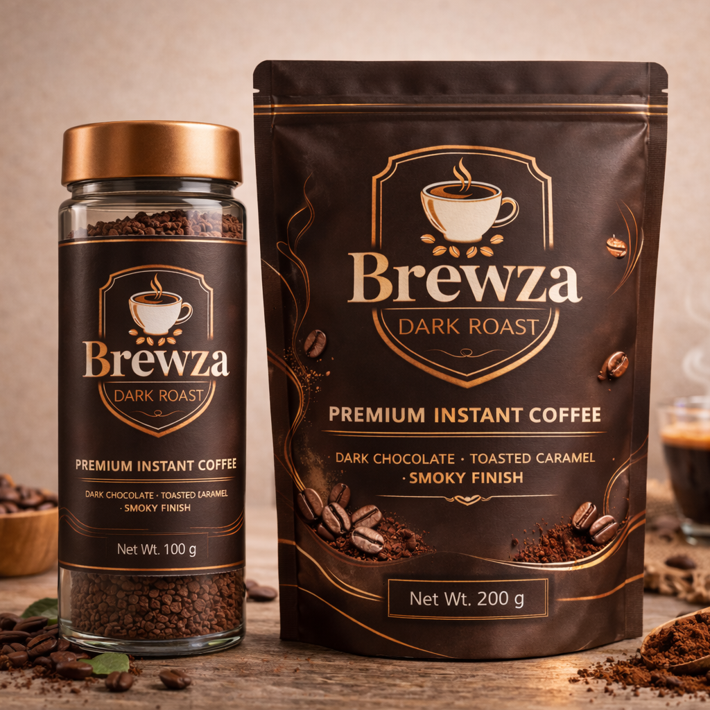 Brewza Dark Roast jar & pouch strong instant coffee in premium dark brown packaging