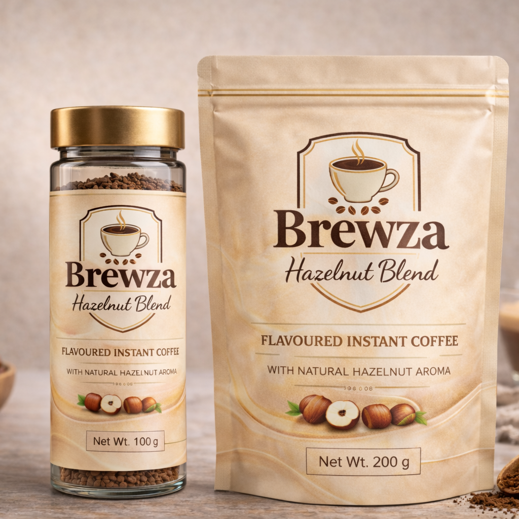 Brewza Hazelnut Blend hazelnut instant coffee 100g jar and 200g refill pouch side by side