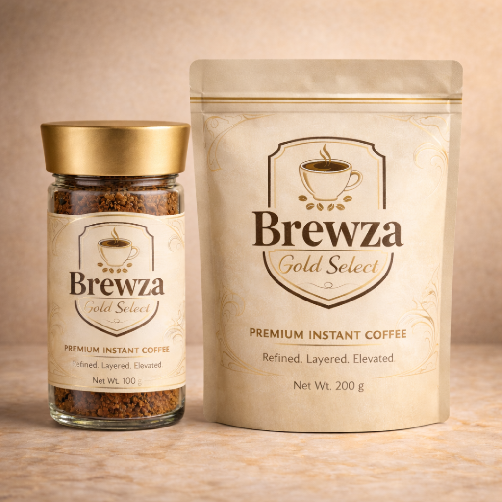 Brewza Gold Select premium instant coffee 100g jar and 200g refill pouch displayed together