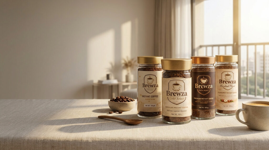 Brewza premium instant coffee blends including Gold, Dark Roast and Hazelnut in a modern metro apartment setting