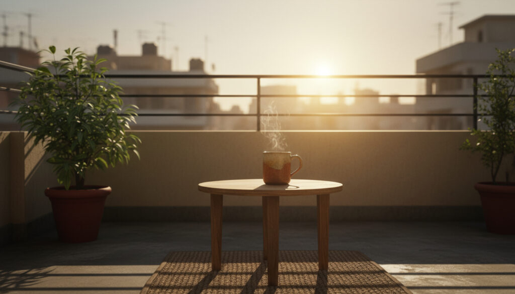 Early morning coffee mug on an Indian apartment balcony with warm sunrise light and blurred urban skyline in the background.