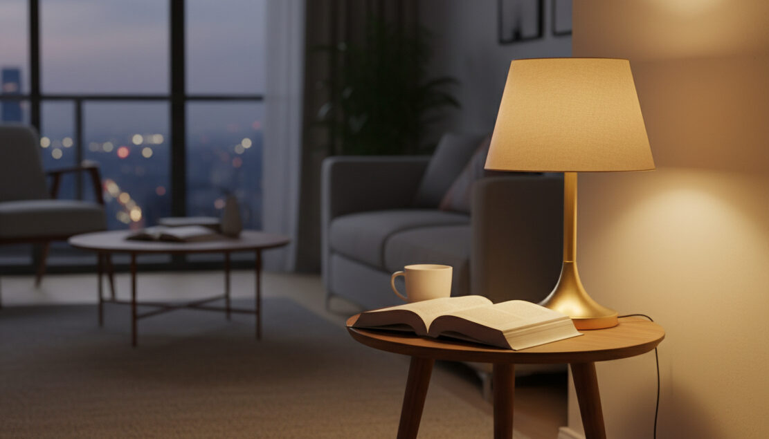 Coffee mug and open book on a small side table in a modern Indian apartment, illuminated by warm evening lamp light with city skyline in the background.