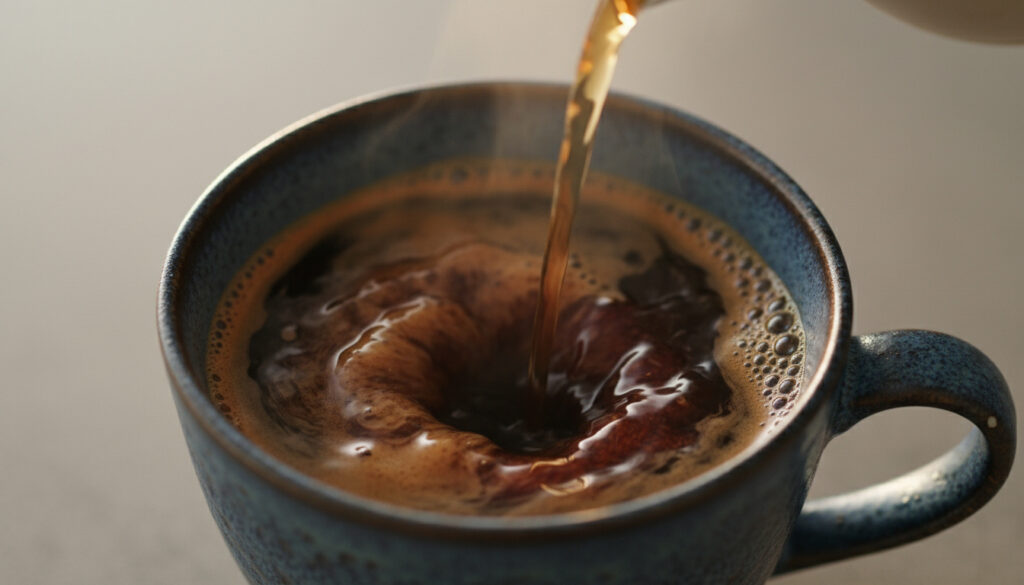 Close-up of hot water pouring into instant coffee, forming a deep brown swirl with rising steam.