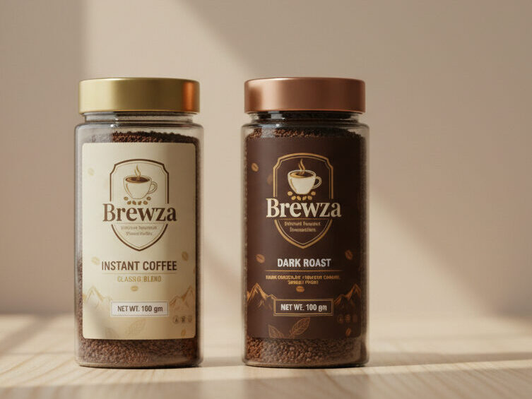 Premium Brewza instant coffee jars styled on a clean wooden surface with natural window light, representing affordable premium coffee in India.