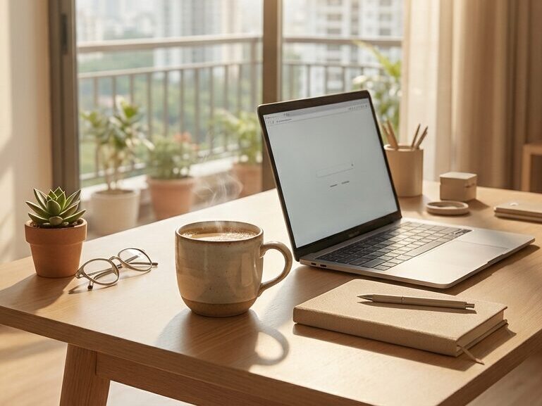Modern apartment workspace featuring a laptop and coffee mug representing a premium instant coffee brand in India.