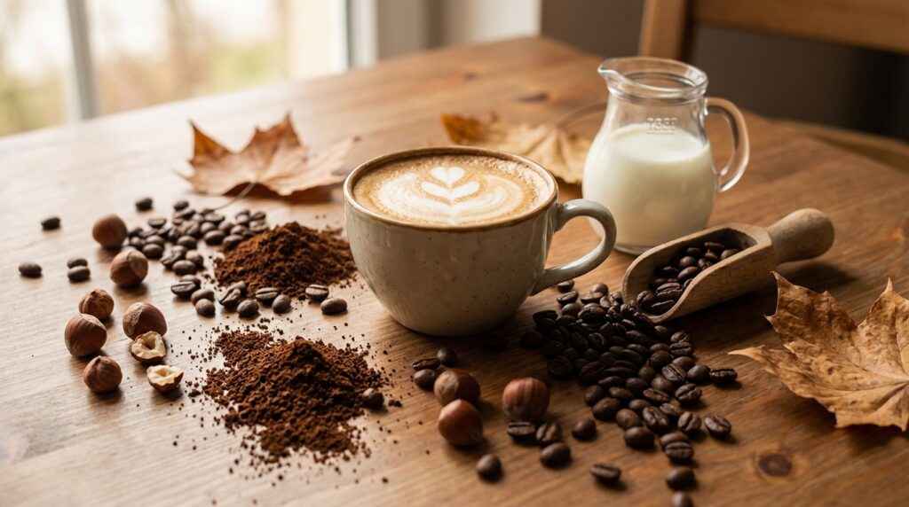 hazelnut coffee with milk, coffee beans and ground coffee on wooden table