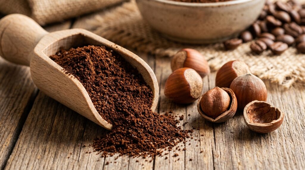 instant coffee powder with whole hazelnuts on wooden surface