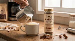 hazelnut instant coffee being prepared with milk in a cup
