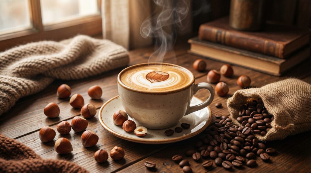 best hazelnut instant coffee served in a cup with coffee beans and hazelnuts